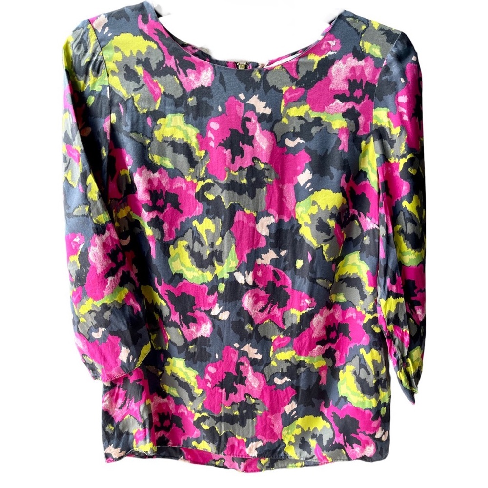 Boden Eliza Silk Blend Top Pink Gray Green Bright Spring Print Top Size 2